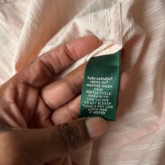 Lauren Ralph Lauren Pinky Peach Pinstripe Ruffle Neck Button Down Blouse Size XS - Picture 7 of 7